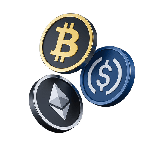 Bitcoin, Ethereum, and USDC 3D coins